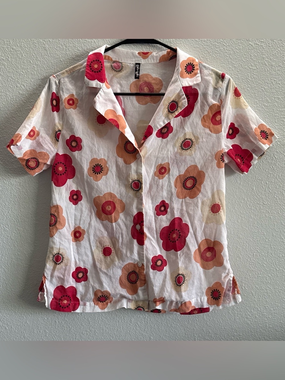 Goldenpoint 100% Cotton Retro Floral Button Front Blouse Top Size S Red Peach